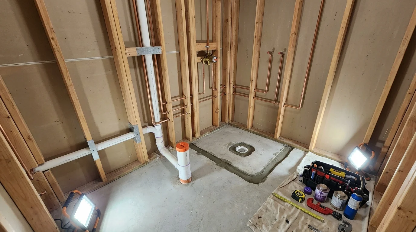 Bathroom rough-in plumbing during remodel by Johns Plumbing LLC in Wolfeboro