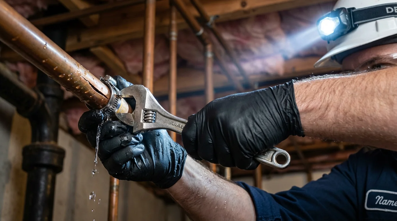 Emergency pipe clamp repair being performed by a Johns Plumbing LLC plumber in Wolfeboro