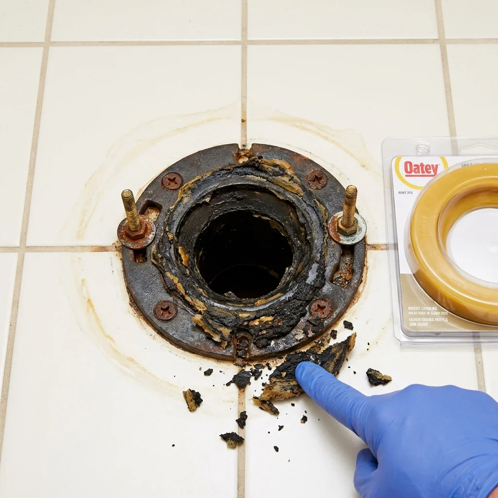 Failed wax ring showing water seepage at the base of a toilet in a Wolfeboro, NH home