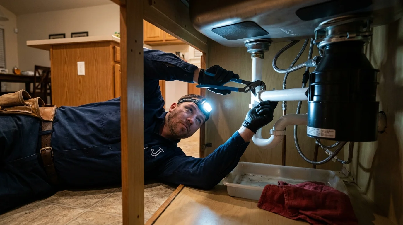P-trap and supply line connections under a kitchen sink showing a common leak point in Wolfeboro, NH